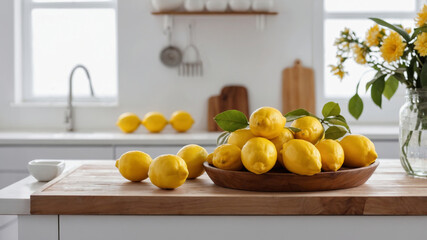 Lemons on a wooden tray in a bright kitchen