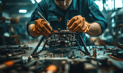 Mechanic repairing drone with precision in workshop environment