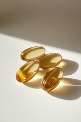 A photo of golden softgels with fish oil on a neutral background, close-up shot. Ideal for concepts related to health, wellness, beauty, self-care, nutrition, and dietary supplements.