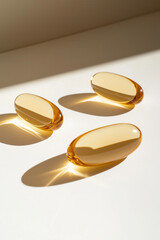 A photo of golden softgels with fish oil on a neutral background, close-up shot. Ideal for concepts related to health, wellness, beauty, self-care, nutrition, and dietary supplements.