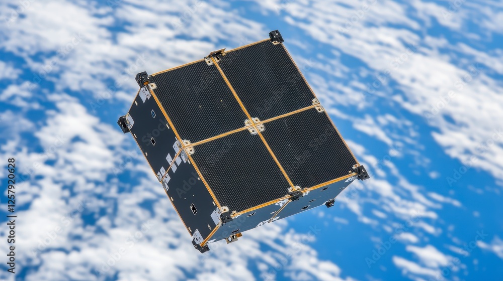 Poster space based cube satellite, black and gray cube shaped structure, with visible panels and supporting