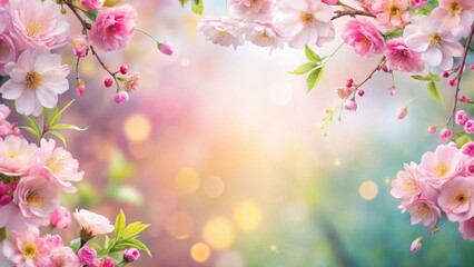 Fototapeta premium Pastel pink floral border with blooming blossoms on a soft background