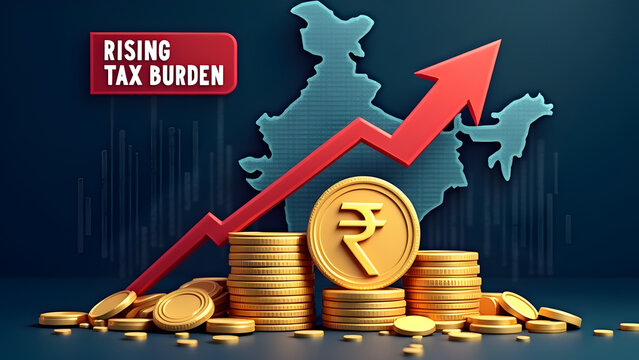 Rising tax burden in India illustration with 3d rupee symbol,India Tax Return, Personal Form, Tax Wooden Blocks, Indian Rupee File, Concept, India Tax System. 
