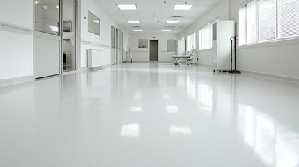 Hospital corridor, clean floor, bright windows, medical equipment, healthcare