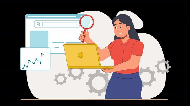 Illustrate SEO techniques using flat vector animation. Characters work on tasks like content optimization, keyword research, and website performance analysis to enhance search engine visibility.