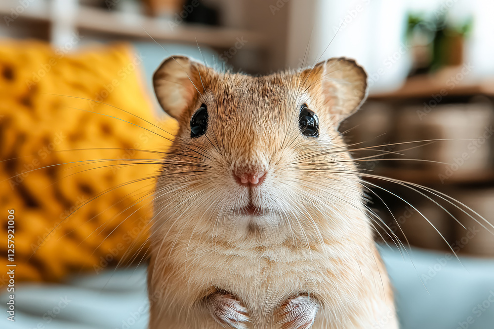 Poster small brown mouse is staring at the camera. the mouse is on a couch and is looking directly at the c