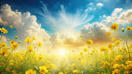 Clouds floating above a field of yellow flowers with delicate petals and soft texture, clouds, yellow blooms, clouds
