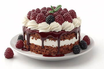 A petite cake adorned with fresh raspberries, blackberries, and a drizzle of rich, dark sauce, set against a bright white background.