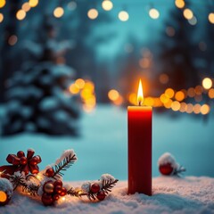 Christmas background - red candle in winter snow landscape background - blank greeting card with magic golden bokeh lights with copy space for your xmas advent greeting card or advertisement panorama