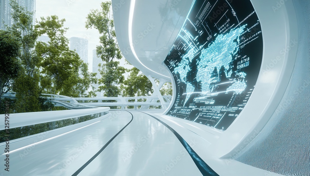 Poster futuristic cityscape: exploring a modern green urban pathway with interactive global data display