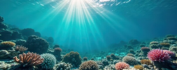 Obraz premium Deep azure water shimmers, reflecting sunlight; vibrant coral below , nature, texture