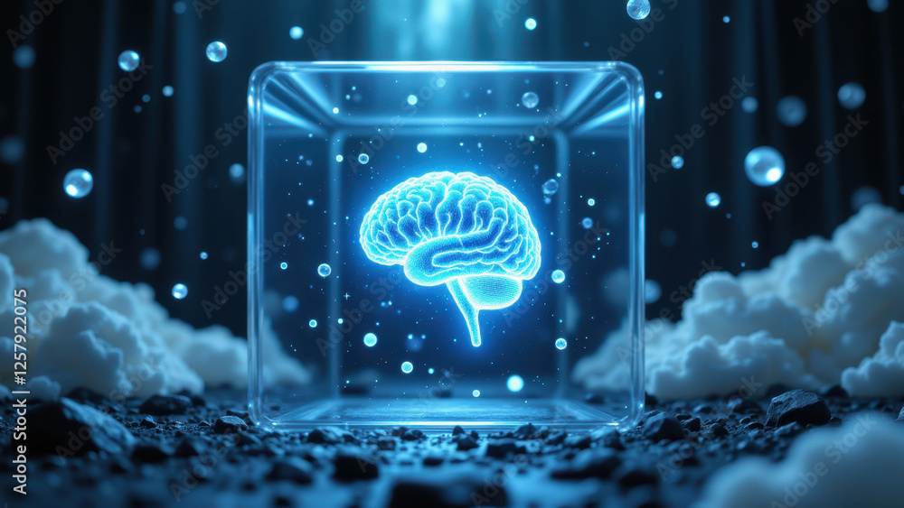 Poster advanced ai brain with glowing neural connections inside transparent cube, floating in digital space