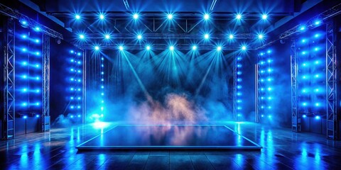 Fototapeta premium A dimly lit, eerie blue-lit stage with flashing neon lights, fog swirling around it, evoking a sense of futuristic unease and tension