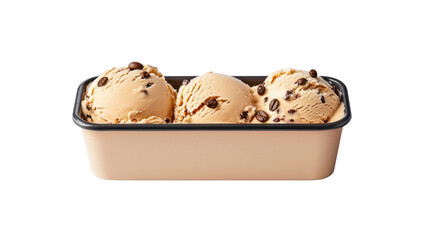 Delicious ice cream with chocolate chips in a rectangular container.