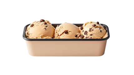 Delicious ice cream with chocolate chips in a rectangular container.
