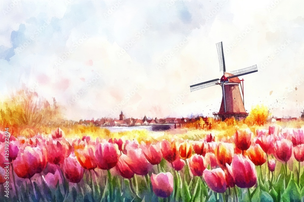 Poster colorful watercolor illustration of tulip fields with a windmill during springtime. generative ai