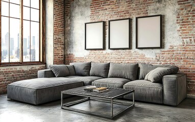 Modern loft apartment, sectional sofa, city view