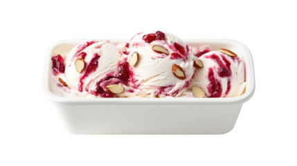 Delicious ice cream with raspberry swirl and almond toppings in a white tub.