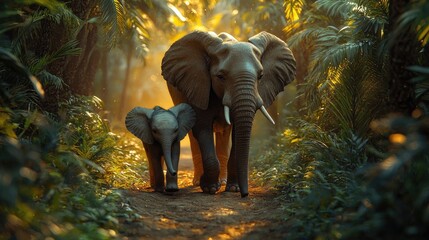 Fototapeta premium Mother Elephant and Calf Walk Through Lush Jungle