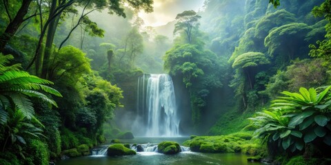 Misty forest serenity, lush greenery, and a gentle waterfall in the background