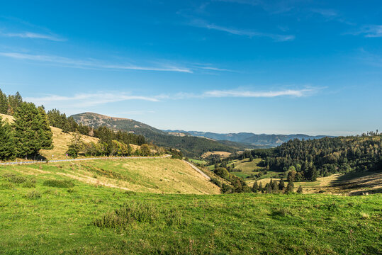 Hilly landscape of the Black Forest with view of the Belchen, Kleines Wiesental, Baden-Wuerttemberg, Germany