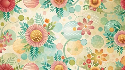 Vintage-inspired floral patterns on a pastel background with overlapping colorful circles and subtle gradients, creating a unique and eye-catching visual effect , gradient effects, retro style