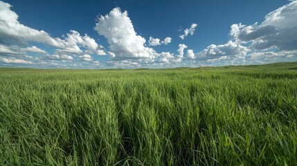 Obraz premium Wide grassy field under a partly cloudy sky. Possible use Nature background
