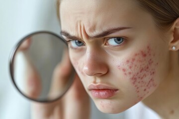 skin problem treatment. Women looking acne on her face in the mirror