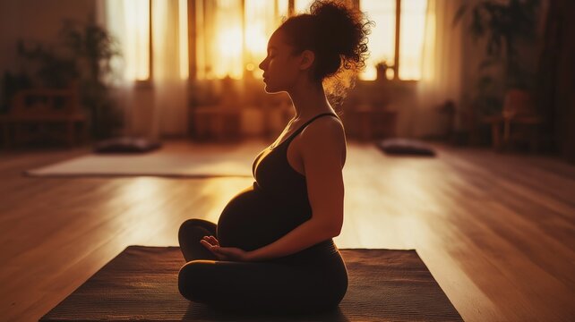Pregnancy yoga for mindfulness and relaxation. Suitable for wellness, maternal health, and self-care concepts