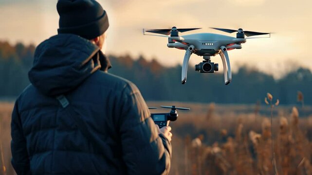Person control flying drone with video camera. Modern technology. Air copter robot fly above field. Nature background. Aerial Multicopter propeller. Man launches drone into air.