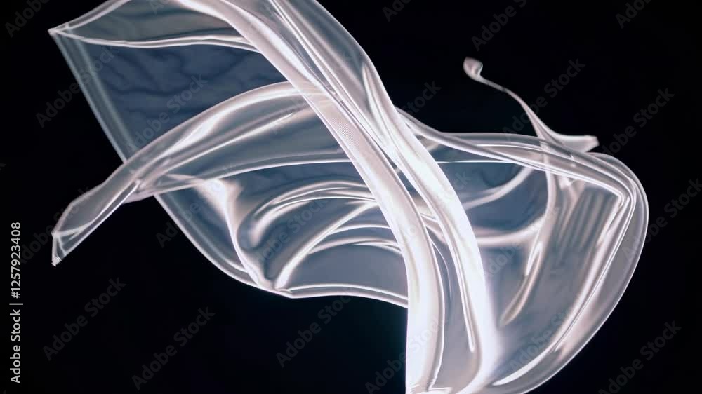 Poster flowing motion of an ethereal glowing fabric-like structure undulating in dark space,