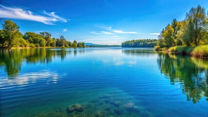 Serene lake with a gentle light stream of blue clear water flowing across the surface , peaceful, natural,  peaceful