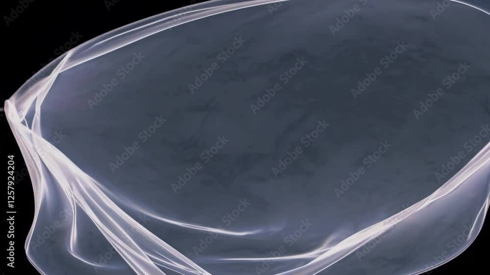 Poster flowing motion of an ethereal glowing fabric-like structure undulating in dark space,