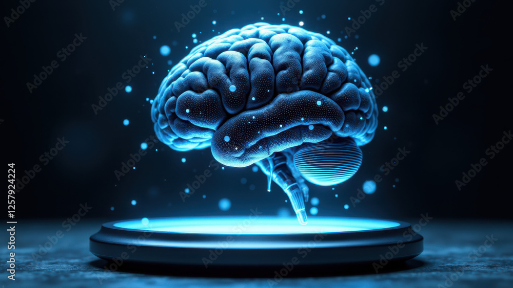 Poster ai-themed image featuring a glowing brain with futuristic elements.
