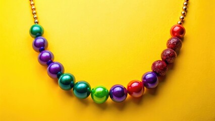 Fototapeta premium Colorful three-beaded necklace on yellow background with beads in shades of red, green and purple hanging down from a chain, showcasing its vibrant colors , necklace, celebration