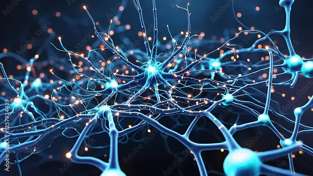 Poster glowing neural network connections with electric impulses in a futuristic digital representation of 