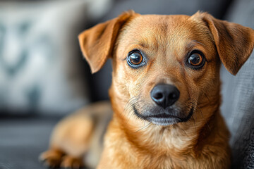 Brown and white dog is laying on a couch. The dog is looking at the camera with its mouth open