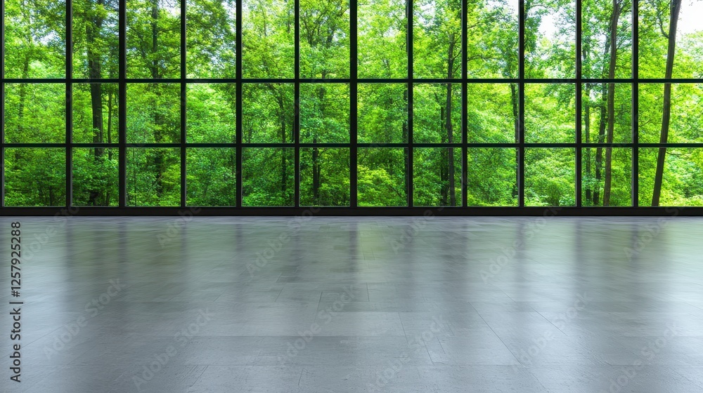Poster empty room with large windows showcasing lush green trees and foliage, creating a serene and natural