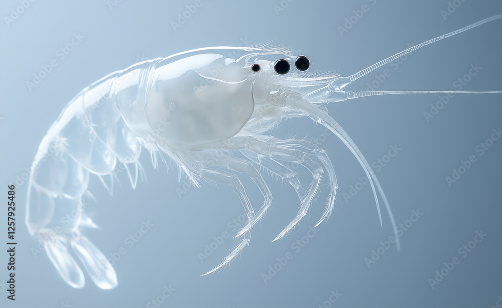Poster a translucent shrimp floating in a soft blue underwater setting, showcasing its delicate body struct