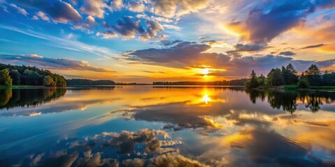 Fototapeta premium Softly glowing sunset over a serene lake, serene scene, reflection, serene scene, reflection, natural