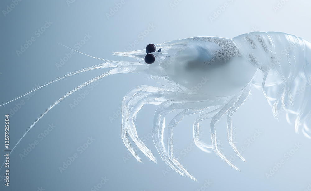 Poster a translucent shrimp floating in a soft blue underwater setting, showcasing its delicate body struct