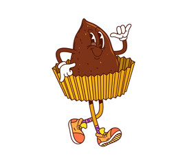 Funny groovy hippie truffle dessert, sweet and candy character wears sneakers. Isolated cartoon vector chocolate treat retro personage in a wrapper, walking with smile and making shaka hand gesture