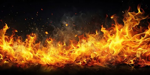 Fototapeta premium Burning flames with orange and yellow hues on a dark black background, with sparks flying in all directions , fire, background