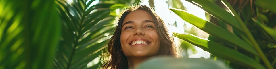 Fototapeta premium girl in tropical leaves. Selective focus
