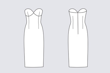 Female dress vector template isolated on a grey background. Front and back view. Outline fashion technical sketch of clothes model