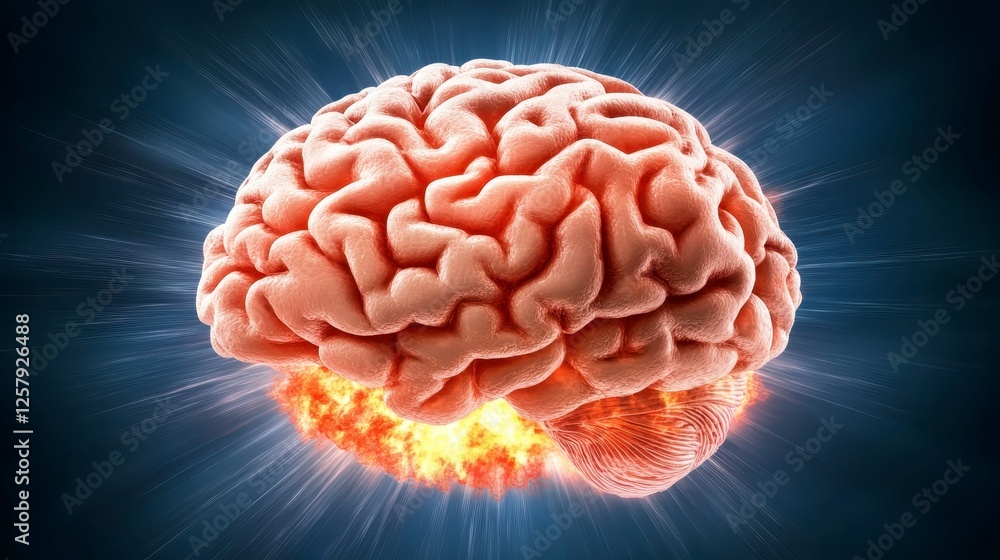 Poster exploding brain graphic, detailed 3d model of a human brain with fiery explosion effects in the cent