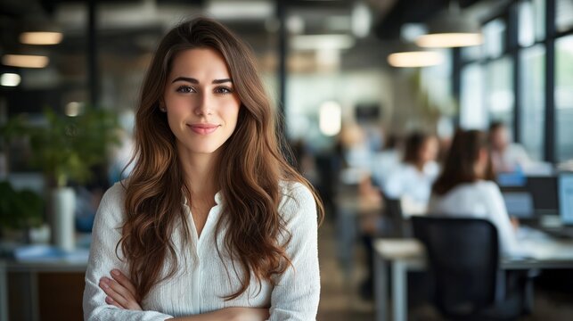 In a vibrant office filled with colleagues, a young white woman stands with arms crossed, exuding confidence and focus. The atmosphere buzzes with productivity and collaboration