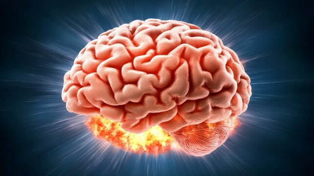 Exploding brain graphic, detailed 3d model of a human brain with fiery explosion effects in the center, showcasing intense energy or mental activity