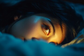 Anxiety disorder on insomnia woman concept, sleepless Woman open eye awakening on the bed at night time can't sleep from symptom of depression