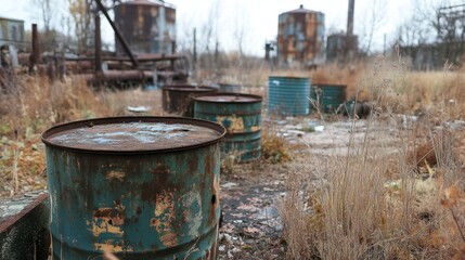 Obraz premium Rusty Barrels in Abandoned Industrial Site